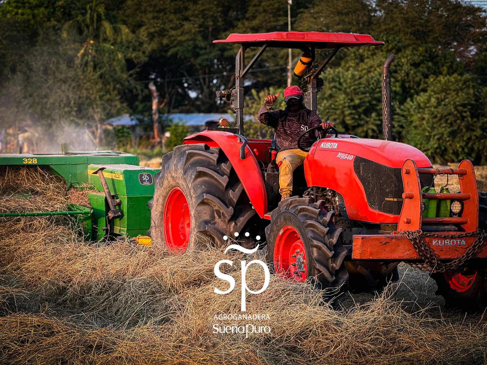 Persona operando un tractor con enfardadora durante una cosecha de heno de Sueño Puro.